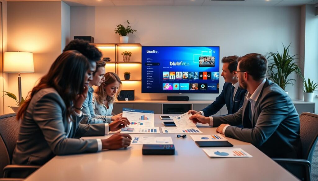 A visually engaging scene depicting the importance of selecting the right IPTV service for UK streaming. In the foreground, a diverse group of professionals, dressed in smart business attire, are gathered around a sleek table, thoughtfully comparing charts and screens that display various IPTV options, including the logo "bluefireiptv.com". In the middle ground, a large monitor shows a vibrant user interface featuring popular UK channels and shows. The background features soft-focus shelves with streaming devices and decorative houseplants, accentuating a modern office environment. Warm, diffused lighting enhances a collaborative atmosphere, with dynamic perspectives providing depth and interest. The mood is focused and professional, reflecting the significance of informed choices in IPTV services.
