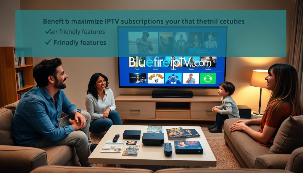A visually engaging scene illustrating the benefits of maximizing IPTV subscriptions, featuring a cozy living room setting. In the foreground, a happy, diverse family of four is gathered around a large screen TV, enthusiastically interacting with the content displayed. The parents are dressed in smart casual attire, while the children are comfortably dressed for a family movie night. In the middle, there is a sleek coffee table showcasing various streaming devices and guides, emphasizing user-friendly features. The background includes a bookshelf filled with books about technology and entertainment, and soft, warm lighting enhances the inviting atmosphere. The setting reflects a modern home with a minimalistic design. Include subtle branding elements of “bluefireiptv.com” integrated into the TV display, showcasing diverse content options like sports, movies, and educational programs. A visually engaging scene illustrating the benefits of maximizing IPTV subscriptions, featuring a cozy living room setting. In the foreground, a happy, diverse family of four is gathered around a large screen TV, enthusiastically interacting with the content displayed. The parents are dressed in smart casual attire, while the children are comfortably dressed for a family movie night. In the middle, there is a sleek coffee table showcasing various streaming devices and guides, emphasizing user-friendly features. The background includes a bookshelf filled with books about technology and entertainment, and soft, warm lighting enhances the inviting atmosphere. The setting reflects a modern home with a minimalistic design. Include subtle branding elements of “bluefireiptv.com” integrated into the TV display, showcasing diverse content options like sports, movies, and educational programs.