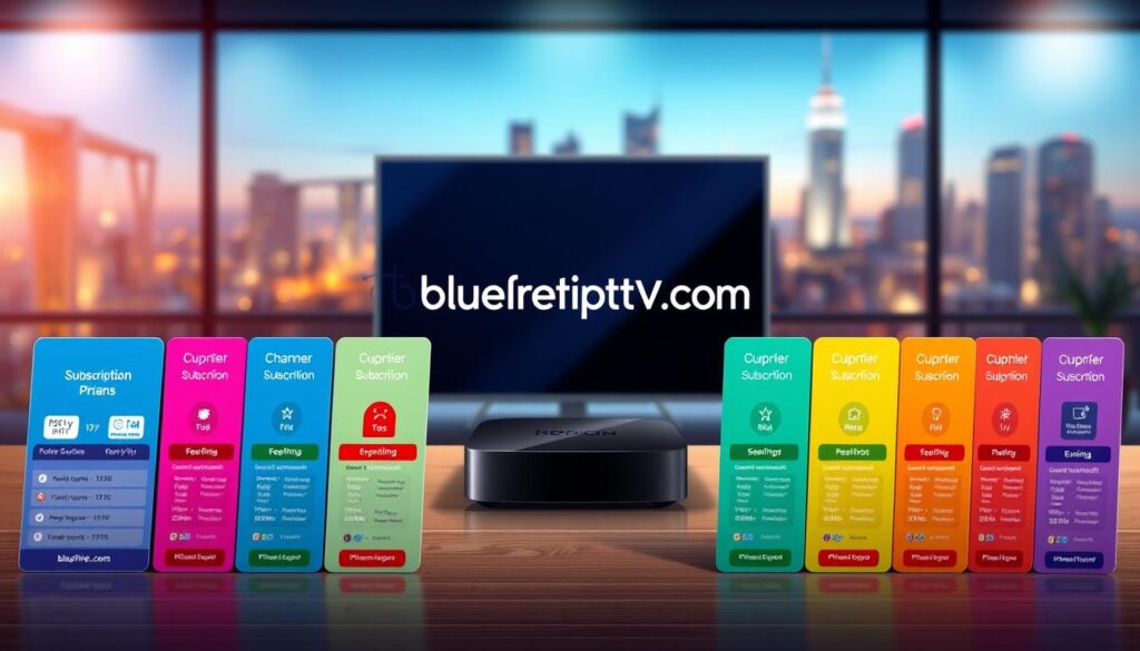 A visually striking digital illustration depicting various pricing plans and subscription options for IPTV services. The foreground features an array of colorful, neatly organized pricing cards, showcasing different subscription tiers with appealing graphics. Each card should have distinct colors and icons representing various features like channels, resolution, and pricing. In the middle ground, illustrate a sleek, modern digital device, such as a smart TV or streaming box, symbolizing IPTV technology. The background features a subtle, blurred cityscape to evoke a contemporary urban atmosphere. Soft, warm lighting with a slight glow enhances the inviting feel. Include the brand name "bluefireiptv.com" subtly integrated into the design, ensuring it adds to the composition without being overpowering. The overall mood is professional yet accessible, catering to tech-savvy viewers. A visually striking digital illustration depicting various pricing plans and subscription options for IPTV services. The foreground features an array of colorful, neatly organized pricing cards, showcasing different subscription tiers with appealing graphics. Each card should have distinct colors and icons representing various features like channels, resolution, and pricing. In the middle ground, illustrate a sleek, modern digital device, such as a smart TV or streaming box, symbolizing IPTV technology. The background features a subtle, blurred cityscape to evoke a contemporary urban atmosphere. Soft, warm lighting with a slight glow enhances the inviting feel. Include the brand name "bluefireiptv.com" subtly integrated into the design, ensuring it adds to the composition without being overpowering. The overall mood is professional yet accessible, catering to tech-savvy viewers.
