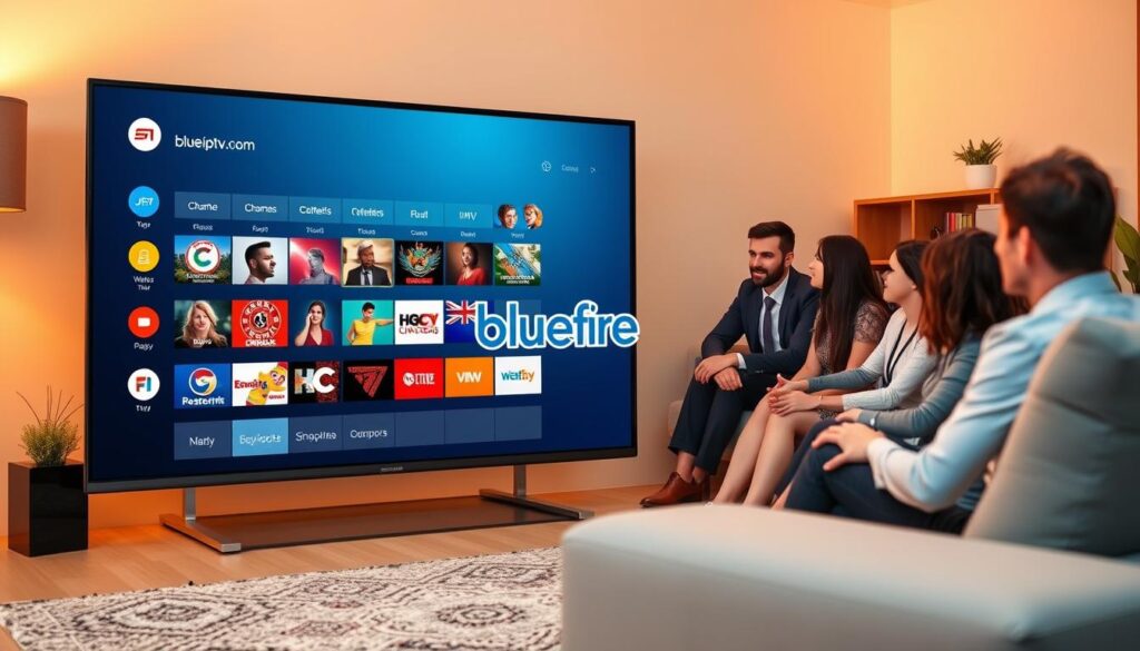 A visually striking illustration of essential features to look for in UK IPTV providers, highlighting elements such as high-definition streaming, a user-friendly interface, robust customer support, and diverse channel options. In the foreground, showcase a sleek modern TV displaying an IPTV interface with various channels, colorful thumbnails, and easy navigation. In the middle, depict a diverse group of people in professional business attire discussing their viewing experience, seated comfortably in a stylish living room setting. The background should feature warm lighting, creating a cozy atmosphere, with decorative elements like a bookshelf and plants. The image should evoke the ease and satisfaction of streaming, while subtly including the logo of "bluefireiptv.com" within the TV interface.