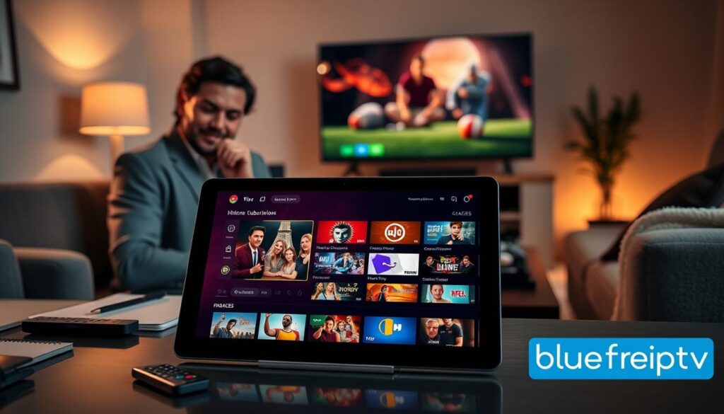 A visually striking image illustrating the concept of a UK IPTV streaming subscription guide. In the foreground, a sleek tablet displaying a vibrant streaming interface, showcasing various UK channels and packages. To the left, a professional in modest casual attire, thoughtfully analyzing the subscription options, with a slight smile, exuding confidence. The middle ground features a tidy desk cluttered with tech gadgets, such as a smart remote and a notebook, symbolizing the ease of subscribing to IPTV services. The background showcases a cozy living room setting with a large TV tuned to a vibrant scene, reflecting a relaxed yet engaging atmosphere. Soft, warm lighting enhances the inviting ambiance, while a subtle logo of "bluefireiptv.com" subtly integrates into the scene. Capture this moment slightly from above, offering a comprehensive view as if inviting the viewer into this seamless IPTV experience.