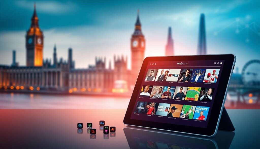 A visually striking image showcasing a selection of IPTV providers in the UK for 2026. In the foreground, feature a modern, sleek tablet displaying vibrant thumbnails of various IPTV services, including a logo for "bluefireiptv.com". Surround the tablet with small icons representing popular shows and sports, emphasizing diversity in content. In the middle ground, create a blurred but recognizable cityscape of London, with iconic landmarks like Big Ben and the Shard, hinting at the UK context. The background should be a soft gradient of blue and white, evoking a digital atmosphere, with subtle circuit-like patterns to convey technology. Use warm, inviting lighting to create a sense of innovation and excitement about the future of television streaming in the UK. A visually striking image showcasing a selection of IPTV providers in the UK for 2026. In the foreground, feature a modern, sleek tablet displaying vibrant thumbnails of various IPTV services, including a logo for "bluefireiptv.com". Surround the tablet with small icons representing popular shows and sports, emphasizing diversity in content. In the middle ground, create a blurred but recognizable cityscape of London, with iconic landmarks like Big Ben and the Shard, hinting at the UK context. The background should be a soft gradient of blue and white, evoking a digital atmosphere, with subtle circuit-like patterns to convey technology. Use warm, inviting lighting to create a sense of innovation and excitement about the future of television streaming in the UK.