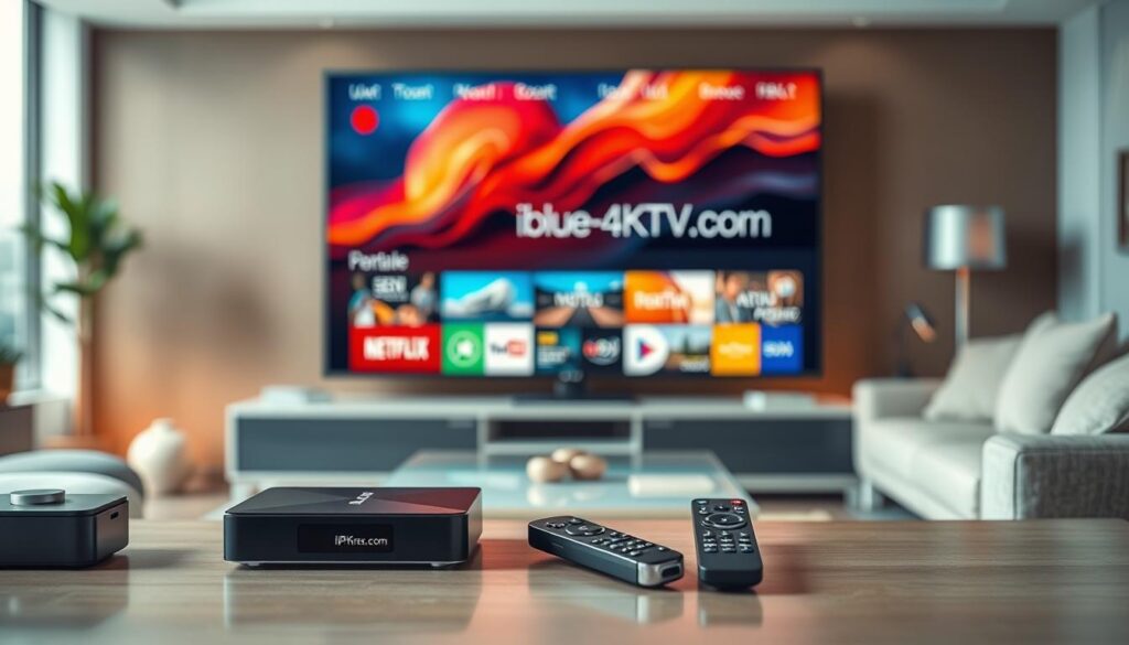 A visually striking overview of IPTV 4K streaming technology, illustrating its capacity to enhance viewing experiences. In the foreground, a sleek, high-tech living room setup features a large 4K television displaying vibrant colors and crystal-clear images, showcasing a streaming interface. The middle ground includes modern tech gadgets like a streaming box and remote control, all polished and stylish. In the background, a cozy sofa invites relaxation, with soft lighting casting a warm glow, enhancing the inviting atmosphere. The scene emphasizes precision with a slight depth of field, focusing sharply on the TV while softening the background. The mood is modern and sophisticated, appealing to technology enthusiasts. Include subtle branding of "bluefireiptv.com" integrated within the streaming interface on the TV screen, ensuring it remains professional and unobtrusive.