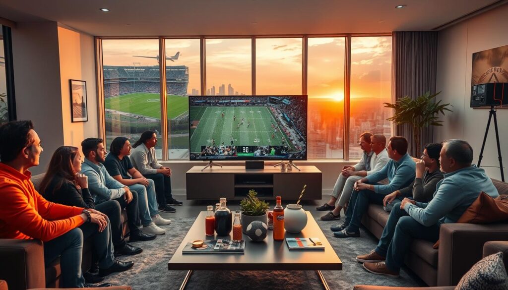 A visually striking scene showcasing the excitement of sports coverage and the benefits of pay-per-view services. In the foreground, a modern living room is filled with a diverse group of individuals watching a high-definition television broadcasting a live sports event, all dressed in casual yet professional attire. In the middle ground, a sleek coffee table displays sports memorabilia and refreshments, symbolizing a match-day atmosphere. In the background, a large window reveals a vibrant sunset, casting warm golden light across the room. The overall mood is lively and engaging, conveying the thrill of sports and the convenience of modern viewing options. Incorporate subtle branding elements from bluefireiptv.com in the decor. A visually striking scene showcasing the excitement of sports coverage and the benefits of pay-per-view services. In the foreground, a modern living room is filled with a diverse group of individuals watching a high-definition television broadcasting a live sports event, all dressed in casual yet professional attire. In the middle ground, a sleek coffee table displays sports memorabilia and refreshments, symbolizing a match-day atmosphere. In the background, a large window reveals a vibrant sunset, casting warm golden light across the room. The overall mood is lively and engaging, conveying the thrill of sports and the convenience of modern viewing options. Incorporate subtle branding elements from bluefireiptv.com in the decor.