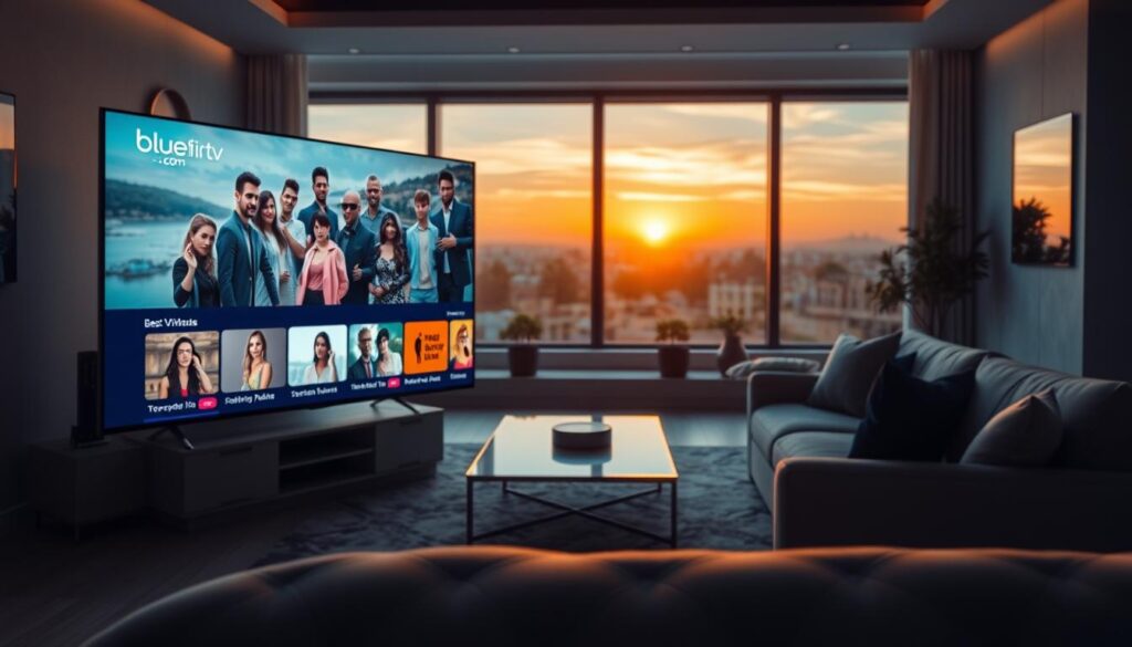 A visually stunning representation of the concept of "Best IPTV Streaming Quality" in 2026. In the foreground, a sleek modern TV screen displays vibrant, crystal-clear imagery of popular shows, with the logo "bluefireiptv.com" subtly integrated into the corner. The middle ground features a stylish living room setting, complete with contemporary furniture, soft ambient lighting, and a cozy atmosphere, inviting viewers to relax and enjoy high-quality streaming. In the background, a window reveals a sunset diffusing warm golden hues across the sky, adding to the serene vibe. The scene is captured from a low angle to emphasize the grandeur of the television while keeping the overall mood professional and inviting, showcasing the ultimate IPTV experience.
