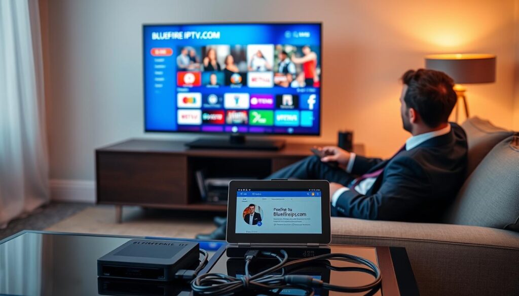 A well-organized workspace depicting a modern home media setup for IPTV services. In the foreground, a sleek television screen displays a vibrant IPTV interface with various channel options. A user, dressed in professional business attire, is seated comfortably on a stylish couch, focused on the screen. On a side table, a remote control and a tablet displaying the bluefireiptv.com website are visible. In the middle ground, a digital streaming device is hooked up to the television, alongside neatly arranged cables. The background features warm, ambient lighting that creates an inviting atmosphere. The image is captured from a slightly elevated angle to encompass the entire setup, emphasizing efficiency in using IPTV services, with soft focus on surrounding elements, adding a touch of professionalism and modernity. A well-organized workspace depicting a modern home media setup for IPTV services. In the foreground, a sleek television screen displays a vibrant IPTV interface with various channel options. A user, dressed in professional business attire, is seated comfortably on a stylish couch, focused on the screen. On a side table, a remote control and a tablet displaying the bluefireiptv.com website are visible. In the middle ground, a digital streaming device is hooked up to the television, alongside neatly arranged cables. The background features warm, ambient lighting that creates an inviting atmosphere. The image is captured from a slightly elevated angle to encompass the entire setup, emphasizing efficiency in using IPTV services, with soft focus on surrounding elements, adding a touch of professionalism and modernity.