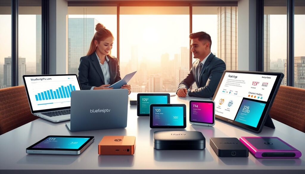 An illustrated comparison of IPTV providers, showcasing a clean and modern workspace. In the foreground, a professional woman and a man, both wearing smart business attire, are seated at a sleek table, examining charts and graphs on a laptop displaying "bluefireiptv.com". In the middle ground, several colorful tablets and streaming devices are arranged, each annotated with key features like pricing, channel variety, and user ratings. In the background, a large window reveals a cityscape, bathed in soft afternoon sunlight, creating a warm and inviting atmosphere. Use a balanced composition, shooting from a slightly elevated angle to capture both the people and the devices effectively. The overall mood should be informed, insightful, and engaging, reflecting a thoughtful approach to comparing IPTV services.