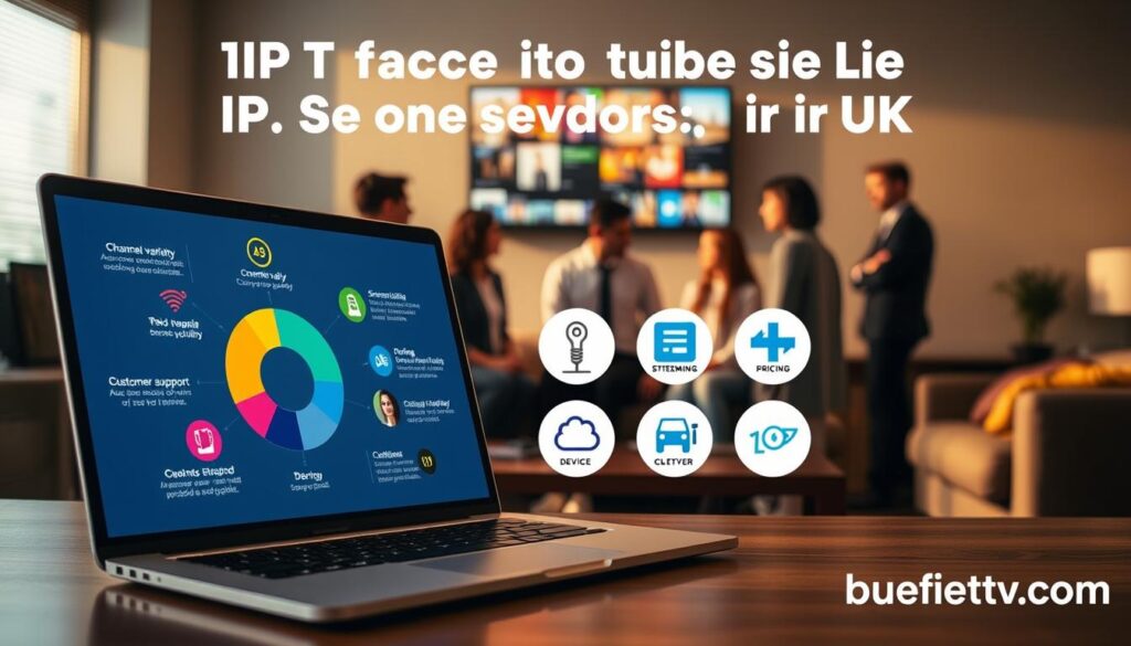 An informative and visually appealing infographic illustrating the key factors for choosing IPTV services in the UK. In the foreground, a sleek laptop displays a colorful pie chart and icons representing various factors such as channel variety, streaming quality, pricing, customer support, and device compatibility. In the middle, a diverse group of professional individuals, dressed in smart casual attire, are engaged in a discussion about IPTV services. The background features a cozy living room setting with a modern TV mounted on the wall, showcasing vibrant streaming content. The overall lighting is warm and inviting, casting soft shadows, creating a friendly atmosphere. Include the brand name "bluefireiptv.com" subtly in the design, blending with the overall theme of technology and entertainment. An informative and visually appealing infographic illustrating the key factors for choosing IPTV services in the UK. In the foreground, a sleek laptop displays a colorful pie chart and icons representing various factors such as channel variety, streaming quality, pricing, customer support, and device compatibility. In the middle, a diverse group of professional individuals, dressed in smart casual attire, are engaged in a discussion about IPTV services. The background features a cozy living room setting with a modern TV mounted on the wall, showcasing vibrant streaming content. The overall lighting is warm and inviting, casting soft shadows, creating a friendly atmosphere. Include the brand name "bluefireiptv.com" subtly in the design, blending with the overall theme of technology and entertainment.