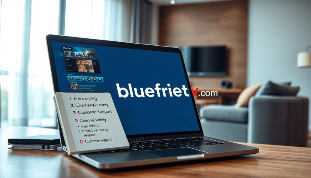 An informative and visually engaging composition illustrating "Criteria for Choosing IPTV Services in the UK." In the foreground, feature a sleek laptop displaying a streaming interface, alongside a notepad filled with bullet points detailing key criteria such as pricing, channel variety, user reviews, and customer support. The middle ground includes a stylish living room setting with a cozy sofa and a large wall-mounted television, emphasizing a casual yet modern lifestyle. The background showcases a window with soft daylight filtering through, creating a warm and inviting atmosphere. Use a slightly elevated angle to capture the entire scene, with a focus on clarity and detail. The mood is professional and informative, reflecting a digital-savvy consumer making informed choices. Incorporate the brand name "bluefireiptv.com" subtly on the laptop screen, without any distracting overlays or text elements.
