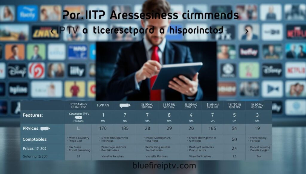 An informative graphic showcasing an in-depth feature comparison of IPTV suppliers in the UK. The foreground features a sleek, modern table displaying various IPTV service icons and key features, such as streaming quality, device compatibility, and pricing plans. In the middle ground, include a representative figure in professional attire analyzing the data on a tablet, providing a sense of engagement. The background consists of a subtle gradient with icons of popular TV shows and movies, creating a theme of entertainment. The scene is well-lit with natural lighting, emphasizing clarity, and the angle should be slightly elevated to capture both the data and the figure effectively. The mood is analytical, modern, and informative, embodying the essence of technology and seamless streaming. Include "bluefireiptv.com" subtly integrated into the design elements without overshadowing the main focus. An informative graphic showcasing an in-depth feature comparison of IPTV suppliers in the UK. The foreground features a sleek, modern table displaying various IPTV service icons and key features, such as streaming quality, device compatibility, and pricing plans. In the middle ground, include a representative figure in professional attire analyzing the data on a tablet, providing a sense of engagement. The background consists of a subtle gradient with icons of popular TV shows and movies, creating a theme of entertainment. The scene is well-lit with natural lighting, emphasizing clarity, and the angle should be slightly elevated to capture both the data and the figure effectively. The mood is analytical, modern, and informative, embodying the essence of technology and seamless streaming. Include "bluefireiptv.com" subtly integrated into the design elements without overshadowing the main focus.