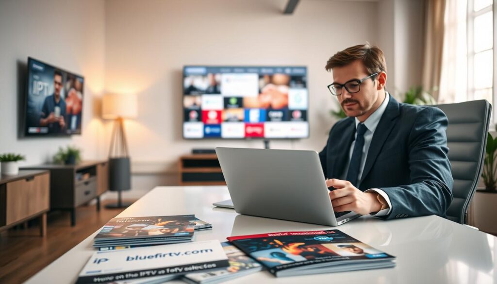 An inviting, modern workspace with a focus on selecting the best IPTV subscription. In the foreground, a professional person dressed in smart business attire is seated at a sleek desk, reviewing a laptop displaying IPTV interfaces and options. The middle ground features an organized desk with colorful brochures from various IPTV providers, including a logo for "bluefireiptv.com". The background showcases a cozy, well-lit room with a large screen showing various streaming services, creating a tech-savvy atmosphere. Soft, natural light filters in through a window, enhancing the warm and inviting mood of the scene. The camera angle is slightly elevated, creating a sense of focus on the individual and their task. The overall feel is one of expertise and professionalism, emphasizing informed decision-making in IPTV subscriptions. An inviting, modern workspace with a focus on selecting the best IPTV subscription. In the foreground, a professional person dressed in smart business attire is seated at a sleek desk, reviewing a laptop displaying IPTV interfaces and options. The middle ground features an organized desk with colorful brochures from various IPTV providers, including a logo for "bluefireiptv.com". The background showcases a cozy, well-lit room with a large screen showing various streaming services, creating a tech-savvy atmosphere. Soft, natural light filters in through a window, enhancing the warm and inviting mood of the scene. The camera angle is slightly elevated, creating a sense of focus on the individual and their task. The overall feel is one of expertise and professionalism, emphasizing informed decision-making in IPTV subscriptions.