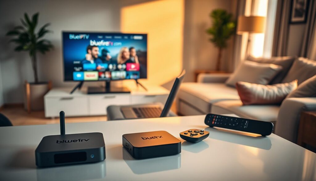 An overview of IPTV compatible devices displayed on a sleek, modern table. In the foreground, highlight an Android TV box, a smartphone, and a smart TV remote, with minimalistic designs. The middle ground features a laptop connected to a large monitor showing the bluefireiptv.com interface. The background is softly blurred to reveal a cozy living room setup with a stylish couch and a side table. Warm, inviting lighting illuminates the scene, resembling late afternoon sun, casting gentle shadows. The angle is slightly overhead, showcasing the devices as the focal point. The atmosphere is tech-savvy yet comfortable, appealing to viewers interested in watching IPTV in the UK. An overview of IPTV compatible devices displayed on a sleek, modern table. In the foreground, highlight an Android TV box, a smartphone, and a smart TV remote, with minimalistic designs. The middle ground features a laptop connected to a large monitor showing the bluefireiptv.com interface. The background is softly blurred to reveal a cozy living room setup with a stylish couch and a side table. Warm, inviting lighting illuminates the scene, resembling late afternoon sun, casting gentle shadows. The angle is slightly overhead, showcasing the devices as the focal point. The atmosphere is tech-savvy yet comfortable, appealing to viewers interested in watching IPTV in the UK.