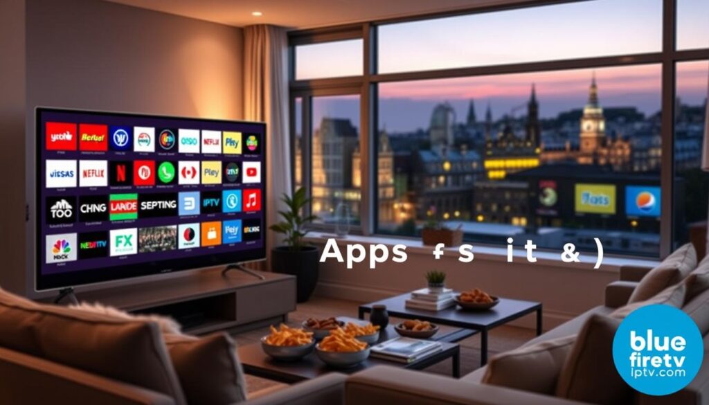 Create a vibrant and informative image illustrating the theme "Best IPTV Apps for UK Users". In the foreground, feature an array of popular IPTV app icons displayed on a sleek, modern television screen, showcasing colorful and recognizable logos. In the middle ground, place a stylish living room setup with a comfortable sofa and a coffee table adorned with snack items, creating a cozy viewing atmosphere. In the background, softly illuminated windows reveal a typical UK skyline, hinting at the evening time with a warm glow. Use soft, diffused lighting to enhance the inviting mood, and choose a focal length that captures the room's depth while keeping the TV screen and app icons sharp and clear. Include a subtle touch of the brand "bluefireiptv.com" in the corner, seamlessly blending with the overall design.