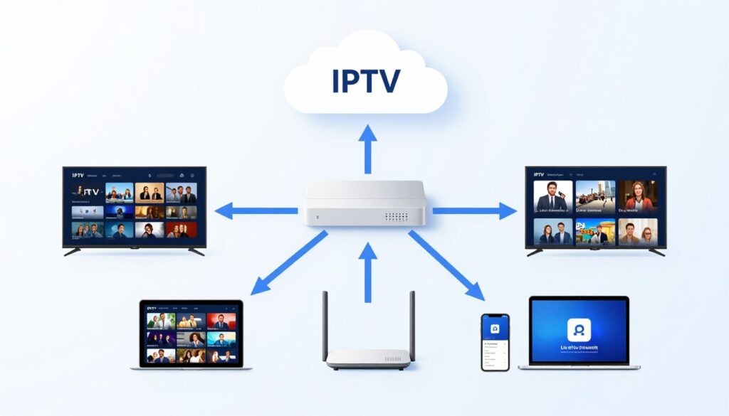Diagram showing IPTV technology streaming process from server to devices