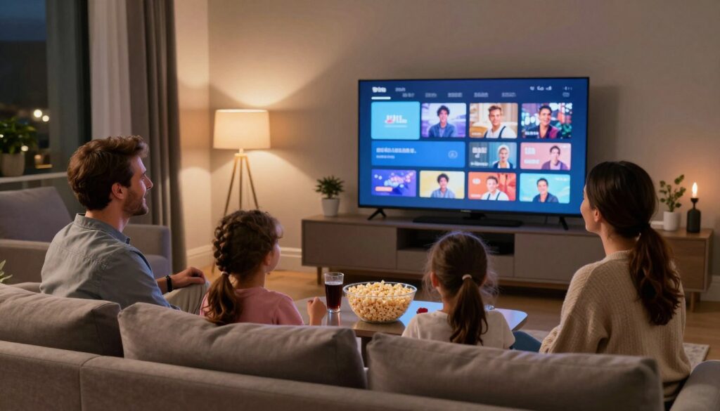 Happy UK family enjoying IPTV streaming together on living room TV
