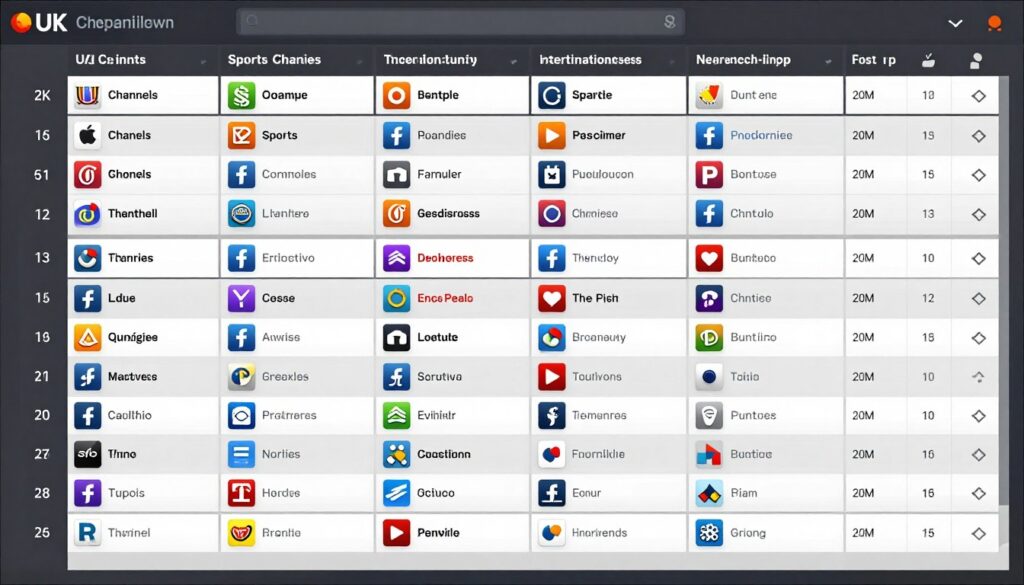 IPTV channel guide showing diverse UK and international channels