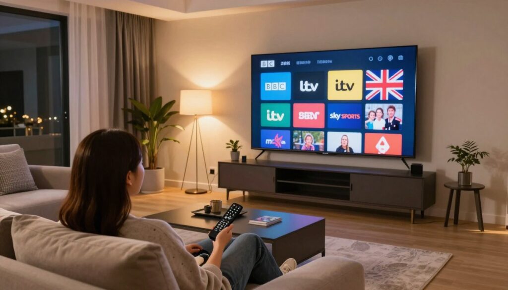 Modern living room showing IPTV streaming on smart TV with UK channels