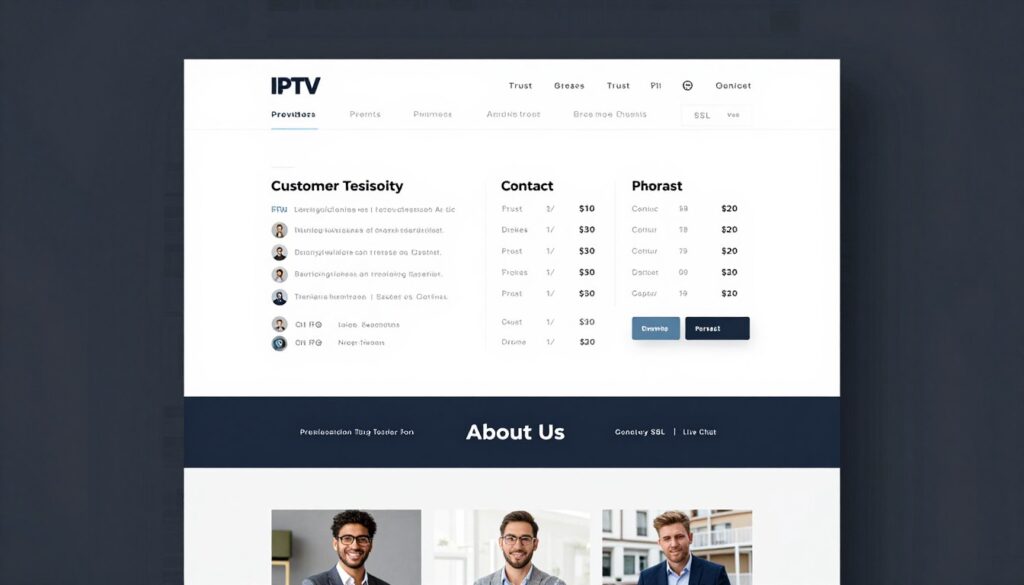 Professional IPTV provider website showing trust signals and credentials