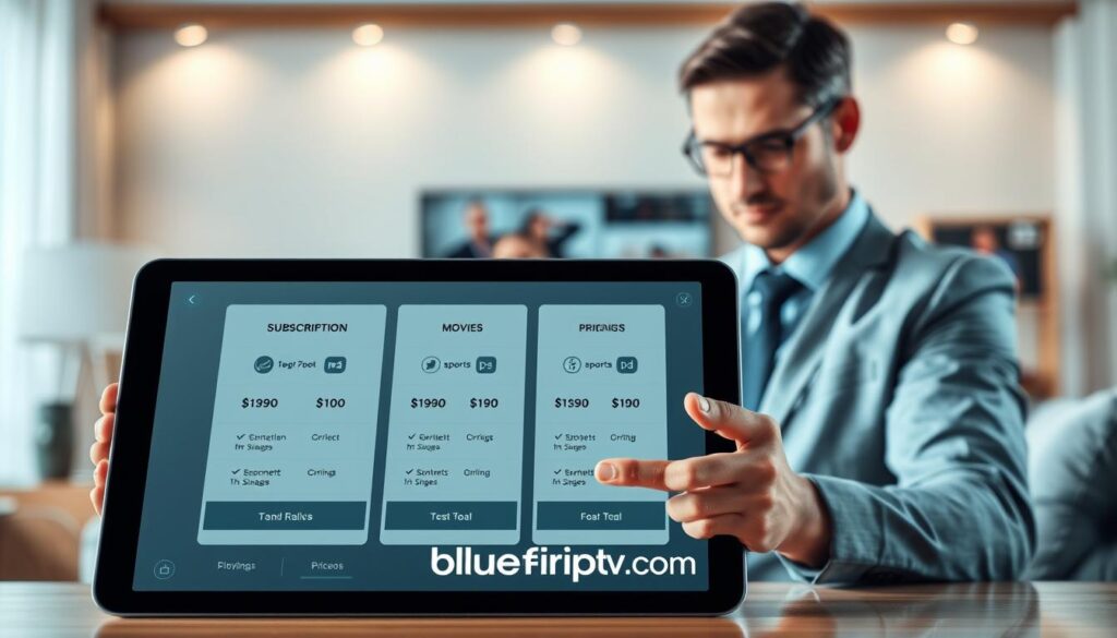 Subscription plans and pricing for IPTV services, illustrated in a modern and sleek design. In the foreground, display a tablet featuring a user-friendly interface showcasing various subscription tiers with distinct pricing options. In the middle, a professional person in business attire is analyzing the plans, with a thoughtful expression, surrounded by digital icons representing entertainment options like movies and sports. The background features a blurred living room setting, softly lit with ambient lighting to create a cozy atmosphere, emphasizing a sense of reliability and comfort in streaming. The overall mood is informative and inviting, conveying the anticipation for IPTV services in 2026. Include the brand name "bluefireiptv.com" subtly integrated into the design elements without text overlays. Subscription plans and pricing for IPTV services, illustrated in a modern and sleek design. In the foreground, display a tablet featuring a user-friendly interface showcasing various subscription tiers with distinct pricing options. In the middle, a professional person in business attire is analyzing the plans, with a thoughtful expression, surrounded by digital icons representing entertainment options like movies and sports. The background features a blurred living room setting, softly lit with ambient lighting to create a cozy atmosphere, emphasizing a sense of reliability and comfort in streaming. The overall mood is informative and inviting, conveying the anticipation for IPTV services in 2026. Include the brand name "bluefireiptv.com" subtly integrated into the design elements without text overlays.