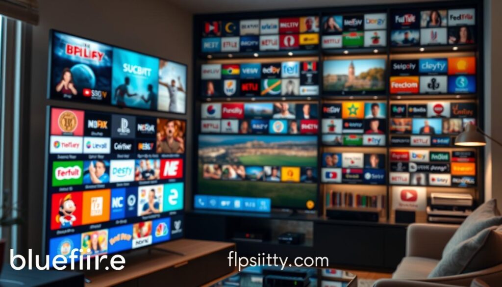 A beautifully organized and extensive channel library showcasing a wide array of UK and international television channels. In the foreground, a sleek, modern TV screen displays vibrant channel logos, illustrating popular programs and sports. The middle ground features stylish shelves filled with streaming devices, remotes, and a digital interface with an interactive guide. The background includes a cozy living room setup with soft lighting that creates a warm atmosphere, making it inviting for viewers. A hint of a window shows a glimpse of a picturesque British landscape outside. The scene is captured with a subtle depth of field, enhancing the focus on the channel library while blurring the background gently. Include the brand name, "bluefireiptv.com," subtly integrated into the design elements without any text overlay. A beautifully organized and extensive channel library showcasing a wide array of UK and international television channels. In the foreground, a sleek, modern TV screen displays vibrant channel logos, illustrating popular programs and sports. The middle ground features stylish shelves filled with streaming devices, remotes, and a digital interface with an interactive guide. The background includes a cozy living room setup with soft lighting that creates a warm atmosphere, making it inviting for viewers. A hint of a window shows a glimpse of a picturesque British landscape outside. The scene is captured with a subtle depth of field, enhancing the focus on the channel library while blurring the background gently. Include the brand name, "bluefireiptv.com," subtly integrated into the design elements without any text overlay.