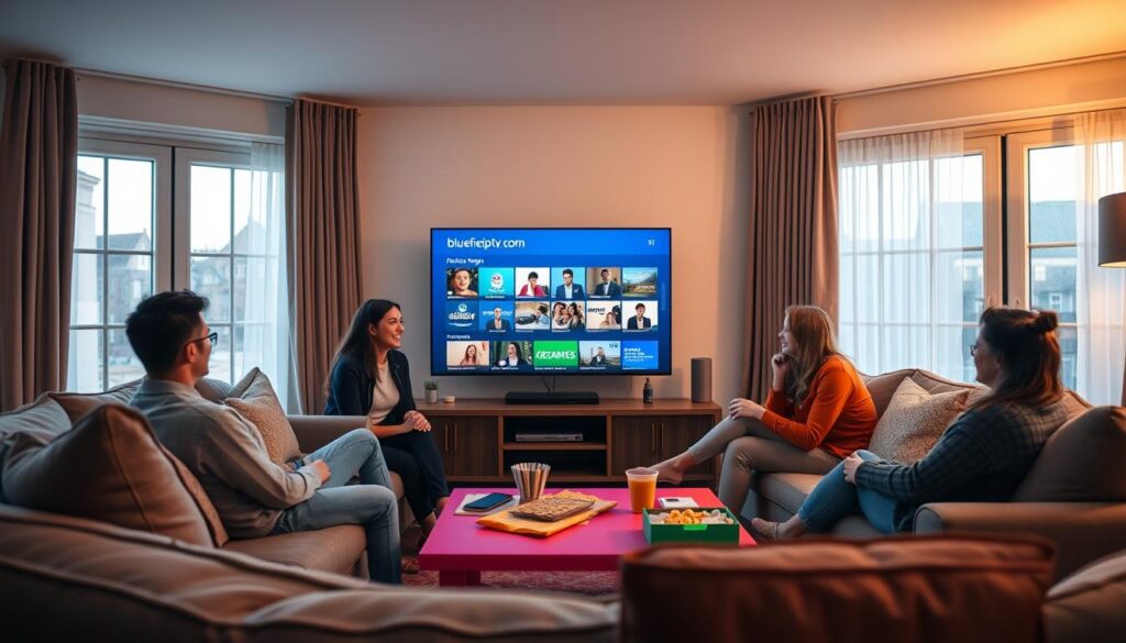 A cozy living room in the UK, showcasing the IPTV streaming experience. In the foreground, a comfortable sofa with neatly arranged cushions, occupied by a diverse group of three friends enjoying a movie night. They are wearing smart casual clothing, engaged and laughing around a vibrant coffee table filled with snacks. The middle layer features a modern flat-screen TV displaying a colorful array of streaming content and the bluefireiptv.com interface. The background reveals large windows with soft drapes, letting in warm evening light that creates a welcoming ambiance. The overall atmosphere is relaxed and enjoyable, emphasizing communal viewing and the joy of IPTV streaming in the UK. The scene is captured with a slight angle, highlighting the interaction between the friends and the screen for a dynamic feel. A cozy living room in the UK, showcasing the IPTV streaming experience. In the foreground, a comfortable sofa with neatly arranged cushions, occupied by a diverse group of three friends enjoying a movie night. They are wearing smart casual clothing, engaged and laughing around a vibrant coffee table filled with snacks. The middle layer features a modern flat-screen TV displaying a colorful array of streaming content and the bluefireiptv.com interface. The background reveals large windows with soft drapes, letting in warm evening light that creates a welcoming ambiance. The overall atmosphere is relaxed and enjoyable, emphasizing communal viewing and the joy of IPTV streaming in the UK. The scene is captured with a slight angle, highlighting the interaction between the friends and the screen for a dynamic feel.