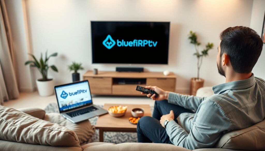 A cozy living room scene depicting a user transitioning from a free IPTV trial to a paid subscription, centered around a sleek, modern television displaying the bluefireiptv.com logo. In the foreground, an individual in smart casual clothing is seated on a comfortable sofa, holding a remote control, with a look of satisfaction as they navigate the IPTV interface. The middle layer features a coffee table with snacks and a laptop open to the IPTV subscription page, hinting at their decision. The background is softly lit, giving a warm ambiance with subtle decorative elements like houseplants and artwork. The atmosphere conveys excitement and anticipation for the new IPTV experience, captured in a cinematic angle, soft focus on the surroundings for an intimate feel.