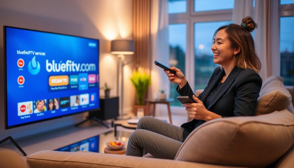 A cozy living room scene featuring a modern smart TV displaying the bluefireiptv.com logo on the screen, showcasing a colorful interface with various streaming options. In the foreground, a person in smart casual attire sits comfortably on a stylish sofa, holding a remote control, with a delighted expression while engaging with the IPTV service. The middle background includes soft ambient lighting from a standing lamp, and a small coffee table with snacks and drinks. In the far background, a window reveals a pleasant outdoor view, contributing to the relaxed atmosphere. The scene should have a warm color palette, emphasizing a comfortable and inviting mood, while ensuring professional and modern aesthetics.