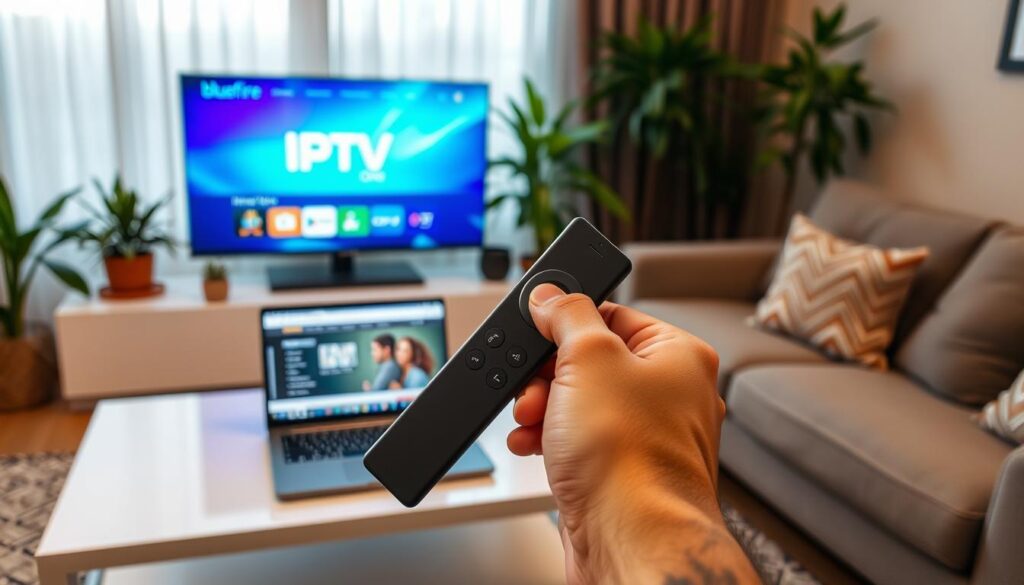 A cozy living room setting features a close-up of a hand holding a Firestick remote, poised over a TV screen displaying a vibrant interface for "IPTV One." The foreground shows a sleek, modern coffee table with a laptop open, showcasing the "bluefireiptv.com" website on the screen. In the middle, the TV stands prominently, surrounded by lush houseplants, while soft lighting casts a warm, inviting glow throughout the room. The background displays a cozy couch with throw pillows, enhancing the atmosphere of comfort and relaxation. The angle is slightly tilted to capture both the TV and the remote clearly, conveying a sense of engagement and excitement in the installation process. The overall mood is friendly and tech-savvy, perfect for guiding viewers through the installation of IPTV One on their Firestick.