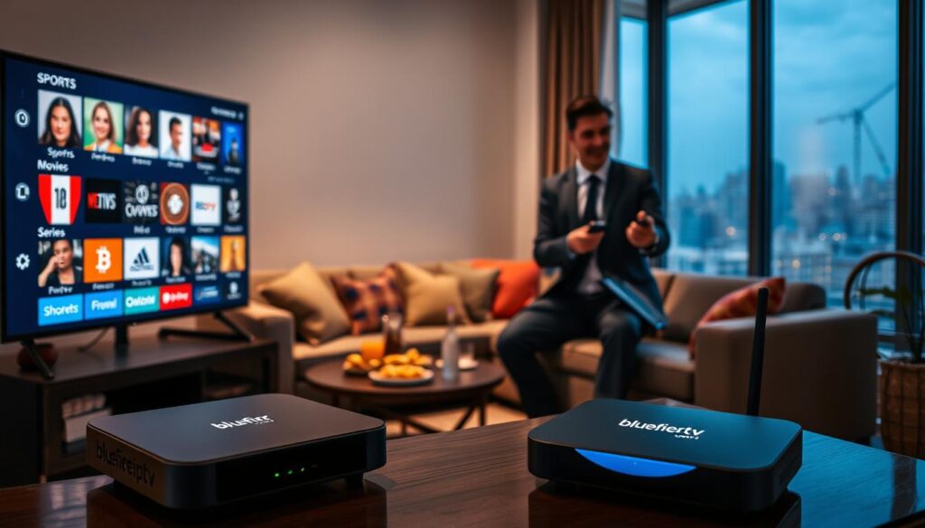 A cozy living room setting, showcasing a modern television displaying vibrant IPTV menu options, with icons for sports, movies, and series. In the foreground, a sleek streaming device with the logo "bluefireiptv.com" prominently displayed. A person in professional business attire is interacting with a remote, looking engaged and satisfied. The middle space features a plush sofa with colorful cushions and a stylish coffee table adorned with snacks and drinks, creating a welcoming atmosphere. Soft, warm lighting fills the room, emphasizing comfort and relaxation. In the background, a faint city skyline is visible through large windows, giving a sense of contemporary living while maintaining a relaxed mood. The overall feel is inviting, illustrating the enjoyable experience of a free IPTV trial.