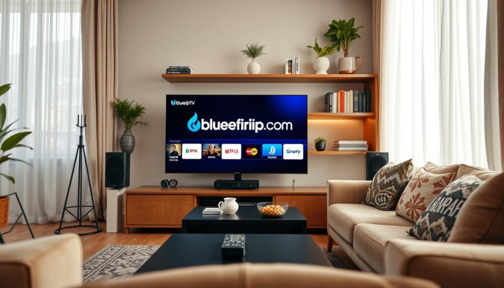 A cozy living room showcasing a modern entertainment setup for IPTV streaming. In the foreground, a sleek smart TV displays colorful IPTV channels with the logo "bluefireiptv.com" subtly integrated into the screen. On either side of the TV, stylish speakers enhance the setup. In the middle, a comfortable sofa with decorative pillows invites viewers to relax, with a coffee table containing a remote and snacks. The background features a softly lit shelf with books and plants, creating a warm ambiance. Natural light filters through sheer curtains, enhancing the inviting atmosphere. The angle is slightly low, providing a dynamic view of the entire scene, highlighting the device compatibility theme for an immersive IPTV experience. A cozy living room showcasing a modern entertainment setup for IPTV streaming. In the foreground, a sleek smart TV displays colorful IPTV channels with the logo "bluefireiptv.com" subtly integrated into the screen. On either side of the TV, stylish speakers enhance the setup. In the middle, a comfortable sofa with decorative pillows invites viewers to relax, with a coffee table containing a remote and snacks. The background features a softly lit shelf with books and plants, creating a warm ambiance. Natural light filters through sheer curtains, enhancing the inviting atmosphere. The angle is slightly low, providing a dynamic view of the entire scene, highlighting the device compatibility theme for an immersive IPTV experience.