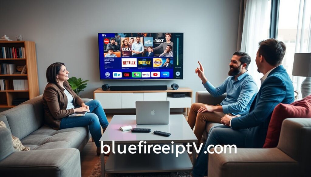 A cozy, modern living room with a large flat-screen TV displaying a vibrant IPTV interface. In the foreground, a diverse group of three well-dressed individuals—two men and one woman—sitting on a comfortable sofa, excitedly discussing their IPTV trial experience. The middle layer features a sleek coffee table with a laptop and a remote control, conveying a tech-savvy atmosphere. The background showcases a stylish bookshelf and a window with soft, natural light streaming in, creating a warm and inviting ambiance. The overall mood is one of enthusiasm and collaboration, emphasizing the benefits of the IPTV free trial. Include the brand name "bluefireiptv.com" subtly in the image’s context, ensuring it doesn't overpower the scene.