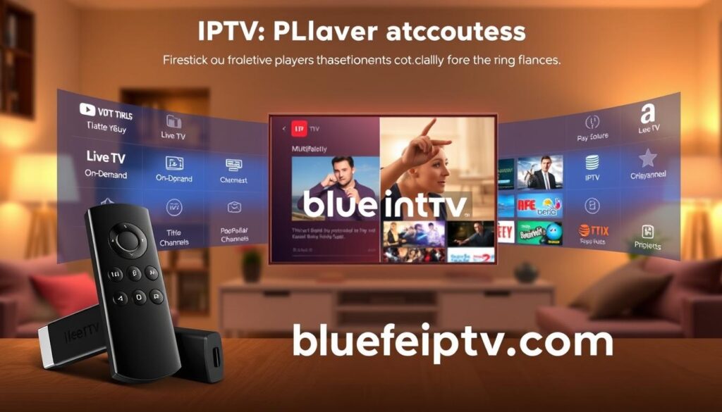 A detailed illustration showcasing the key features of IPTV players optimized for Firestick. In the foreground, feature a sleek, modern Firestick remote with illuminated buttons, surrounded by a vibrant digital interface displaying various IPTV features like Live TV, On-Demand content, and Multiplayer functionality. The middle layer presents a dynamic screen with a split view: one side shows a user navigating the user-friendly menu, while the other displays a selection of popular channels. The background features a cozy living room setting with soft ambient lighting, emphasizing a relaxed viewing atmosphere. Use a warm color palette to convey comfort and innovation, creating an inviting scene that represents the essence of IPTV streaming. Include elements such as the brand name "bluefireiptv.com" integrated stylishly within the interface display.