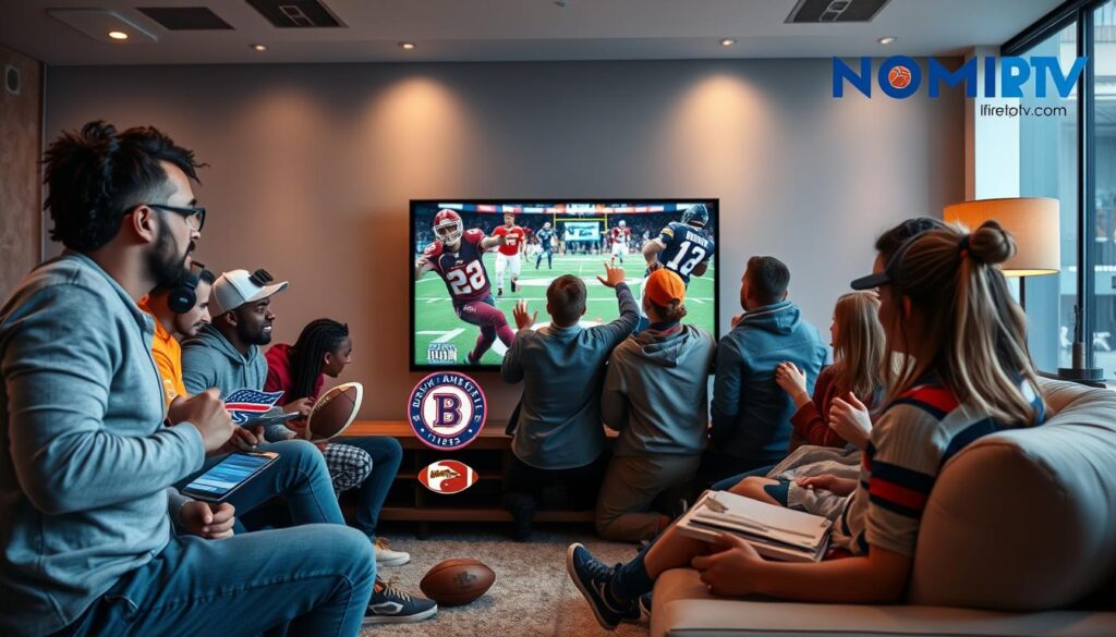 A dynamic scene showcasing the essence of "Nomad IPTV: Premium North American Sports Streaming." In the foreground, a group of diverse sports fans, including both men and women, are gathered around a modern, large-screen television, intently watching an exciting live sports event. They are dressed in casual but stylish clothing, reflecting a blend of different teams and cultures. In the middle ground, branded elements representing various North American sports, such as football, basketball, and hockey, can be seen subtly integrated into the setting. The background features a sleek, contemporary living room filled with cozy furniture and ambient lighting that creates a warm and inviting atmosphere. A stylish logo for "bluefireiptv.com" is subtly incorporated into the scene, adding a professional touch. The overall mood is lively and energetic, capturing the excitement of sports streaming.