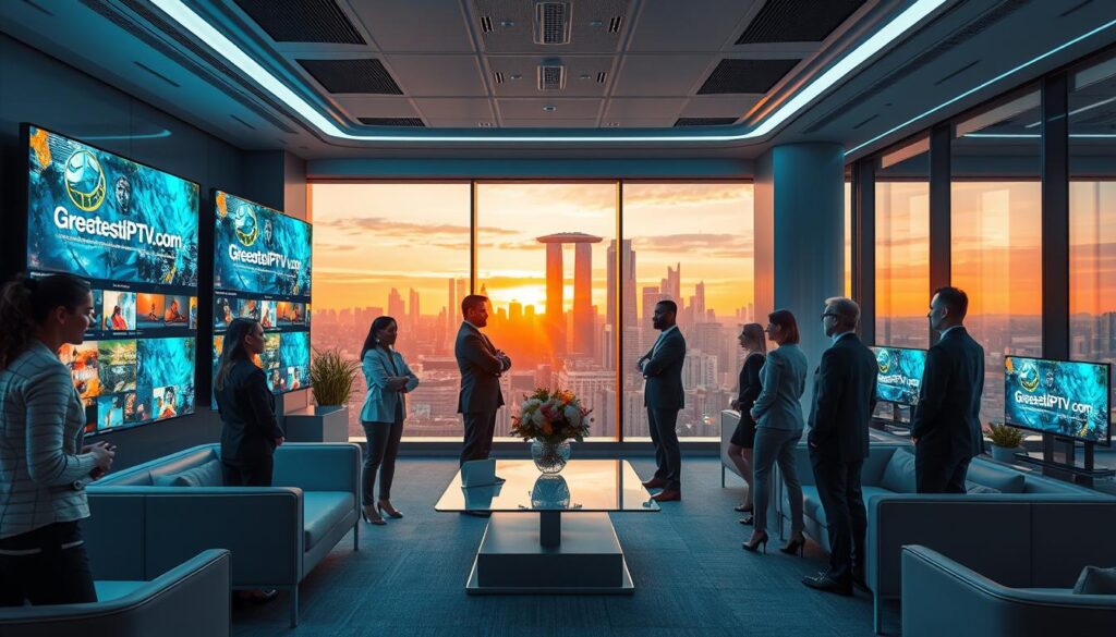 A futuristic office environment showcasing the essence of the "GreatestIPTV" brand in 2026. In the foreground, a diverse group of professionals in smart business attire are engaged in a discussion, surrounded by high-tech displays showing vibrant IPTV content and user-friendly interfaces featuring the logo "bluefireiptv.com". The middle ground features sleek, modern furniture and ambient lighting that creates a welcoming atmosphere. In the background, large windows reveal a city skyline at sunset, casting warm hues into the office, enhancing the overall mood of innovation and success. The scene is captivating, emphasizing the brand's prominence in the IPTV industry and its commitment to quality streaming experiences. Use a slightly elevated angle to capture the dynamism of the setting.