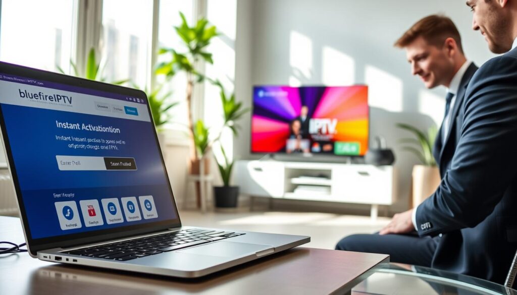 A modern home office scene showcasing the instant activation process for IPTV British. In the foreground, a sleek, stylish laptop displays the bluefireiptv.com website, featuring an easy-to-navigate user interface with vibrant colors and clear icons. A professional in business casual attire interacts with the laptop, demonstrating the simplicity of the setup. In the middle ground, a smart TV is located on a minimalist shelf, displaying a vibrant streaming menu. The background features a contemporary, well-lit office space with plants and modern furnishings, contributing to a relaxed and inviting atmosphere. Natural light streams through the window, casting soft shadows, enhancing the ease and accessibility of the IPTV activation experience. The overall mood is positive, showcasing convenience and modern technology.