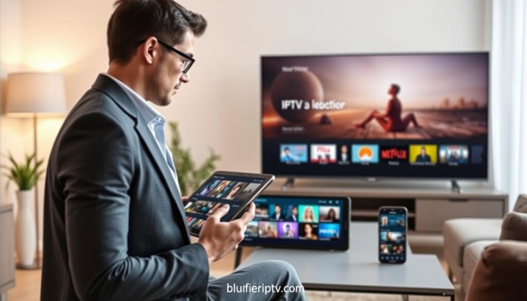 A modern living room scene featuring a selection of digital devices such as a smart TV, tablet, and smartphone, with each displaying various IPTV player interfaces. In the foreground, a person in business casual attire thoughtfully browses through IPTV options on a tablet. The background showcases a cozy yet tech-savvy environment, with soft ambient lighting that creates a warm atmosphere. A sleek coffee table and comfortable couch add to the inviting setting. Natural light filters in through a window, enhancing the clarity of the devices. Subtly integrate the brand name "bluefireiptv.com" into the design of the devices' interfaces. The image should convey a sense of choice and exploration in selecting the best IPTV player for personal devices.