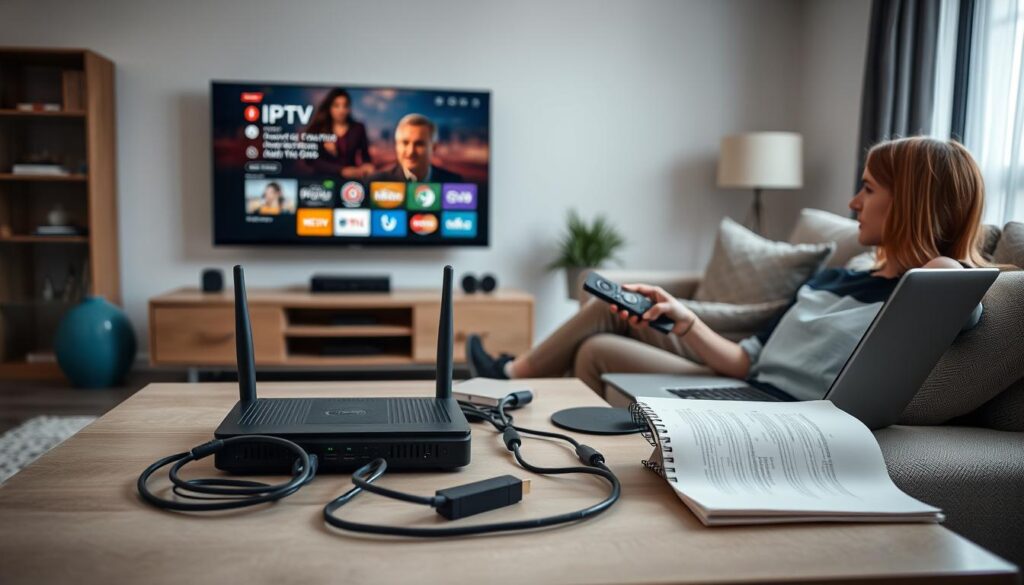 A modern living room scene featuring a sleek TV displaying an IPTV player interface on a Firestick. In the foreground, a person (dressed in casual yet professional attire) is seated on a comfortable sofa, focused on troubleshooting the IPTV issue. They have a remote control in hand and a laptop open beside them, displaying a support website (bluefireiptv.com). In the middle, a coffee table is cluttered with technical gadgets, including a router, HDMI cables, and a notepad with troubleshooting notes. The background shows a well-lit room with natural light streaming through a window, creating a relaxed yet tech-savvy atmosphere. Use a soft focus for the background and a sharper focus on the foreground, emphasizing the person’s engagement with the technology.