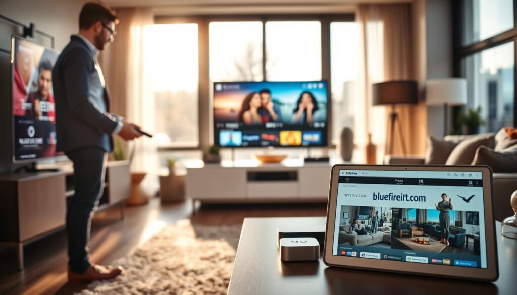 A modern living room scene showcasing IPTV technology's benefits. In the foreground, a sleek, smart television displays various streaming options with vibrant visuals, emphasizing IPTV. A user, dressed in professional casual attire, interacts with a remote control, appearing focused and engaged. The middle ground features a stylish coffee table adorned with streaming devices and a tablet displaying the bluefireiptv.com website, illustrating the easy access to content. In the background, large windows allow natural light to flood the room, creating a warm and inviting atmosphere. Soft, warm lighting enhances the modern decor, while a cozy ambiance underscores the convenience and comfort of IPTV compared to traditional TV services. The overall mood reflects innovation, accessibility, and modernity, showcasing IPTV as the future of entertainment.