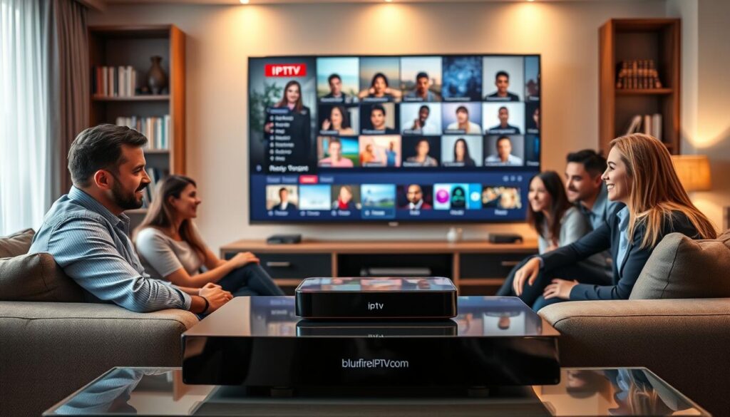 A modern living room scene showcasing a family gathered around a sleek, large-screen TV displaying IPTV content. The foreground features a comfortable sofa with people of diverse backgrounds, dressed in professional business attire, smiling and engaging with entertainment. In the middle, a shiny media console displays a streaming device labeled "bluefireiptv.com". The background reveals a stylish home environment with bookshelves and soft ambient lighting. The atmosphere is warm and inviting, suggesting the growing popularity of IPTV technology in UK homes. The image captures the essence of connection and modern viewing experiences, with a focus on family engagement and technology.