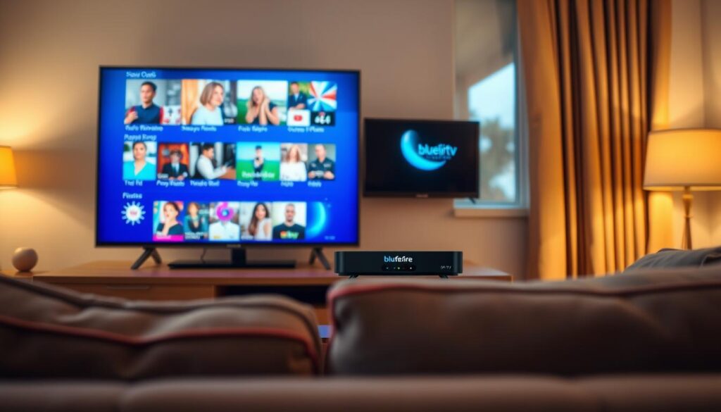 A modern living room scene showcasing the high-quality streaming experience of IPTV. In the foreground, a sleek smart TV displays vivid images of popular channels, emphasizing clarity and color. A cozy sofa is positioned in front, with a remote control resting on a coffee table. The middle layer features a stylish entertainment unit holding a streaming device branded "bluefireiptv.com", with a subtle glow emanating from its LED lights, illustrating technological sophistication. The background includes a softly lit window, hinting at a relaxing evening atmosphere. Warm, ambient lighting fills the room, creating a comfortable, engaging environment. Use a wide-angle lens perspective to capture the sense of depth and inviting warmth, ensuring the overall mood is one of enjoyment and connectivity through technology. A modern living room scene showcasing the high-quality streaming experience of IPTV. In the foreground, a sleek smart TV displays vivid images of popular channels, emphasizing clarity and color. A cozy sofa is positioned in front, with a remote control resting on a coffee table. The middle layer features a stylish entertainment unit holding a streaming device branded "bluefireiptv.com", with a subtle glow emanating from its LED lights, illustrating technological sophistication. The background includes a softly lit window, hinting at a relaxing evening atmosphere. Warm, ambient lighting fills the room, creating a comfortable, engaging environment. Use a wide-angle lens perspective to capture the sense of depth and inviting warmth, ensuring the overall mood is one of enjoyment and connectivity through technology.
