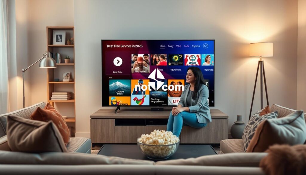 A modern living room scene with a sleek smart TV displaying a vibrant interface showcasing the "Best Free IPTV Services in 2026." In the foreground, a cozy couch adorned with decorative cushions invites relaxation, while a stylish coffee table holds a remote and a bowl of popcorn. In the middle, a young professional couple in modest casual clothing sits comfortably, smiling as they browse through various IPTV options on the screen. Soft, warm lighting from a nearby floor lamp creates an inviting atmosphere, emphasizing the enjoyment of quality streaming. In the background, shelves adorned with books and decor complement the contemporary decor. The bluefireiptv.com logo subtly integrated into the screen design highlights the theme. The overall mood is relaxed, friendly, and conducive to shared entertainment experiences.