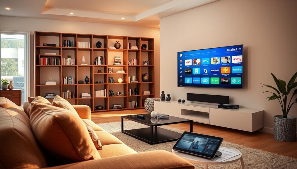 A modern living room setting designed for entertainment, featuring a sleek smart TV mounted on the wall, showcasing various IPTV apps like bluefireiptv.com on the screen. In the foreground, a comfortable sofa with a stylish coffee table, displaying a remote control and a tablet. The middle ground includes an elegant bookshelf filled with technology-related books and decor items. In the background, a large window allows natural light to filter through, creating a warm ambiance. The lighting is bright and inviting, casting soft shadows around the room. The atmosphere is cozy and high-tech, reflecting device compatibility and app support for IPTV services, emphasizing a lifestyle of modern streaming entertainment.