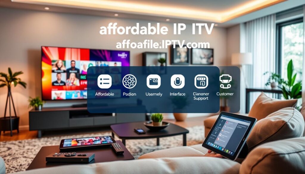 A modern living room setting showcasing the key features of affordable IPTV providers. In the foreground, a sleek television displaying vibrant streaming content, highlighting diverse channels and genres. A cozy sofa with a stylish coffee table is visible, with remote controls and a tablet open to an IPTV app interface. In the middle, an informational display featuring icons representing important features: affordability, channel variety, user-friendly interface, and customer support. The background includes a well-lit room with contemporary decor and plants, creating a warm and inviting atmosphere. Soft, diffused lighting enhances the inviting feel, captured with a wide-angle lens to showcase the entire setting. Overall, the image should convey convenience and enjoyment associated with affordable IPTV services, prominently featuring "bluefireiptv.com" as a leading option.