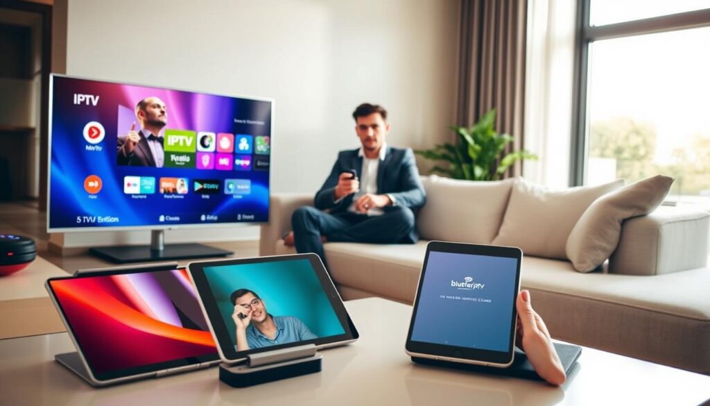 A modern living room setting showcasing various devices compatible with IPTV British. In the foreground, an ultra-thin smart TV displays a vibrant IPTV user interface, while a tablet and smartphone featuring the bluefireiptv.com app rest on a stylish coffee table. In the middle, a person in smart casual attire sits comfortably on a sleek sofa, engaged with a remote control, radiating a feeling of ease and connectivity. Soft, ambient lighting illuminates the room, highlighting the devices while casting a warm glow. In the background, a large window reveals a bright, sunny day outside, enhancing the overall mood of relaxation and accessibility. The image captures the essence of enjoying IPTV British seamlessly across all devices, emphasizing modern technology and lifestyle.