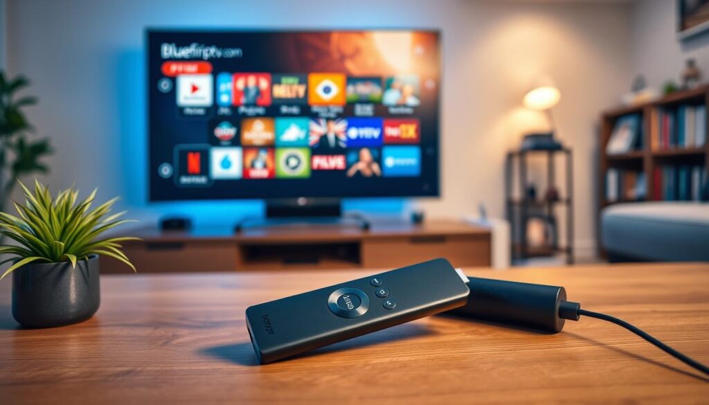 A modern living room setup featuring a sleek, black Amazon Fire TV Stick connected to a large flat-screen TV displaying an IPTV app interface. Foreground: A stylish remote control for the Firestick, resting on a wooden coffee table adorned with a small potted plant, creating an inviting atmosphere. Middle: The TV screen should show colorful IPTV app icons, representing various services available for Firestick users in the UK. Background: Soft ambient lighting illuminates the room, casting a warm glow, while a cozy sofa and shelves of media books create a relaxed environment. Emphasize a refined tech-savvy vibe, suitable for home entertainment. Include the brand "bluefireiptv.com" subtly integrated into the television screen design, without overt branding or text.
