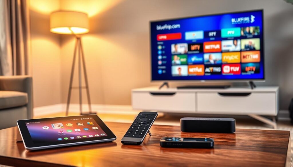 A modern living room setup featuring a variety of devices compatible with IPTV services. In the foreground, a sleek smart TV displays a vibrant interface with channel options, positioned on a contemporary television stand. To the left, a tablet lays flat on a coffee table, showcasing an IPTV app. In the middle, a tablet, smartphone, and streaming device remote are arranged artistically, emphasizing their roles in accessing IPTV services. The background reveals a cozy atmosphere with soft, warm lighting from a nearby floor lamp, creating a relaxed vibe. The scene should exude a sense of entertainment and versatility in viewing options. Showcase the brand "bluefireiptv.com" subtly integrated into the device displays, enhancing the focus on device compatibility without being intrusive. Aim for a professional yet inviting atmosphere, evoking the convenience of watching IPTV on favorite devices.