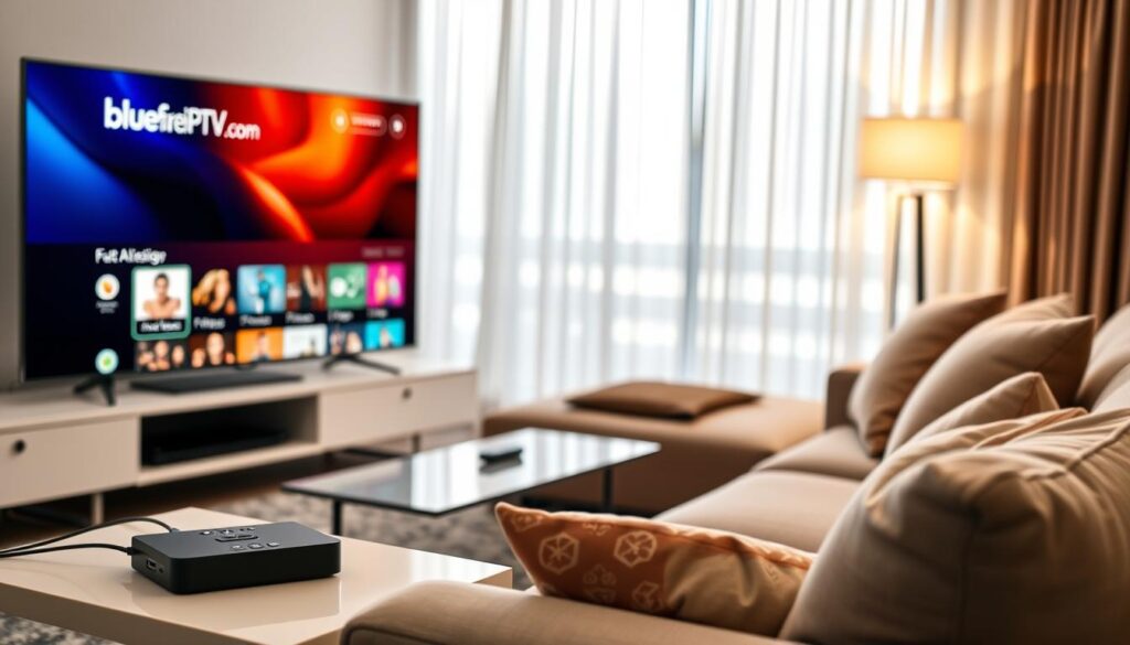 A modern living room setup showcasing a sleek IPTV installation. In the foreground, focus on a stylish flat-screen TV displaying the homepage of "bluefireiptv.com" with an array of colorful channel icons. To the left, a compact streaming device is connected to the TV via HDMI cable, with a remote control resting on a minimalist coffee table. The middle ground presents a cozy sofa adorned with plush cushions, inviting viewers to settle in and watch. In the background, soft ambient lighting creates a warm and welcoming atmosphere, while light filters through sheer curtains, adding a touch of elegance. The overall mood is casual yet sophisticated, ideal for a quick and easy IPTV setup guide, promoting a seamless viewing experience. A modern living room setup showcasing a sleek IPTV installation. In the foreground, focus on a stylish flat-screen TV displaying the homepage of "bluefireiptv.com" with an array of colorful channel icons. To the left, a compact streaming device is connected to the TV via HDMI cable, with a remote control resting on a minimalist coffee table. The middle ground presents a cozy sofa adorned with plush cushions, inviting viewers to settle in and watch. In the background, soft ambient lighting creates a warm and welcoming atmosphere, while light filters through sheer curtains, adding a touch of elegance. The overall mood is casual yet sophisticated, ideal for a quick and easy IPTV setup guide, promoting a seamless viewing experience.