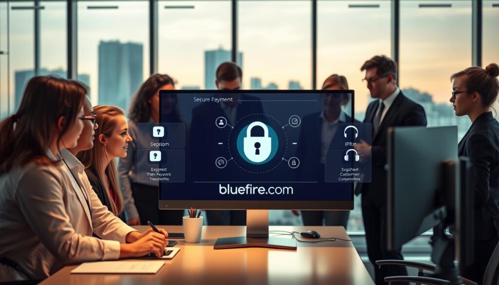 A modern, sleek office setting showcasing secure payments and customer support in IPTV. In the foreground, a diverse team of professionals in business attire is collaborating around a high-tech computer, analyzing data related to transactions and customer inquiries. The middle ground features a digital screen displaying a secure payment interface, marked with high encryption symbols and icons of customer support tools like chat bubbles and a headset. The background displays a large window with a city skyline, suggesting a tech hub atmosphere. Soft, warm lighting enhances the professional yet inviting mood, with a focus on productivity and reliability. The logo "bluefireiptv.com" is subtly integrated into the computer screen design, maintaining a clean and sophisticated aesthetic.