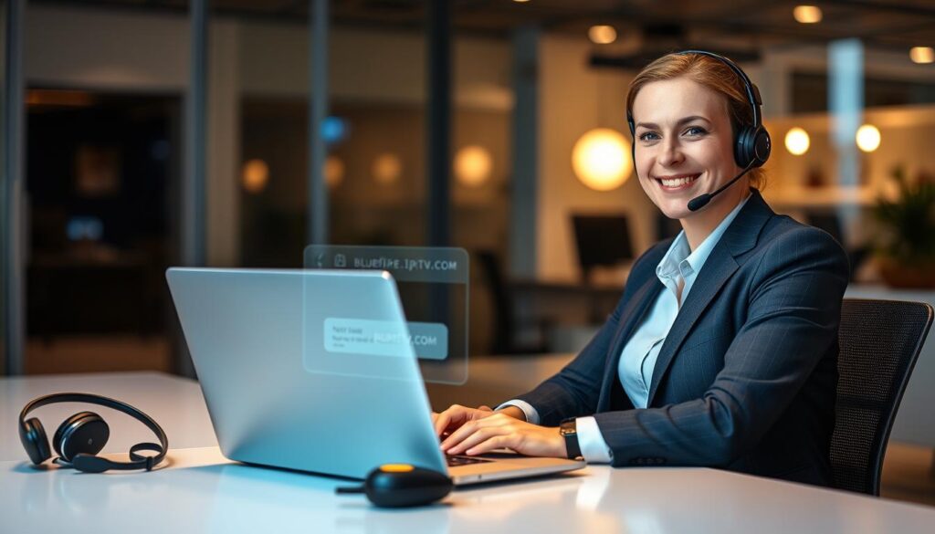 A professional customer support representative sitting at a modern desk in an office, wearing business attire with a friendly smile. The foreground features a laptop displaying the bluefireiptv.com website and a headset on the desk. In the middle, a digital interaction interface glows softly, depicting a chat conversation with a satisfied customer. The background shows a contemporary office space with warm, inviting lighting, emphasizing a 24/7 support atmosphere. Soft shadows and a slight bokeh effect create depth, enhancing the scene. The overall mood is welcoming and reassuring, highlighting reliability and professionalism in customer support for IPTV British services.
