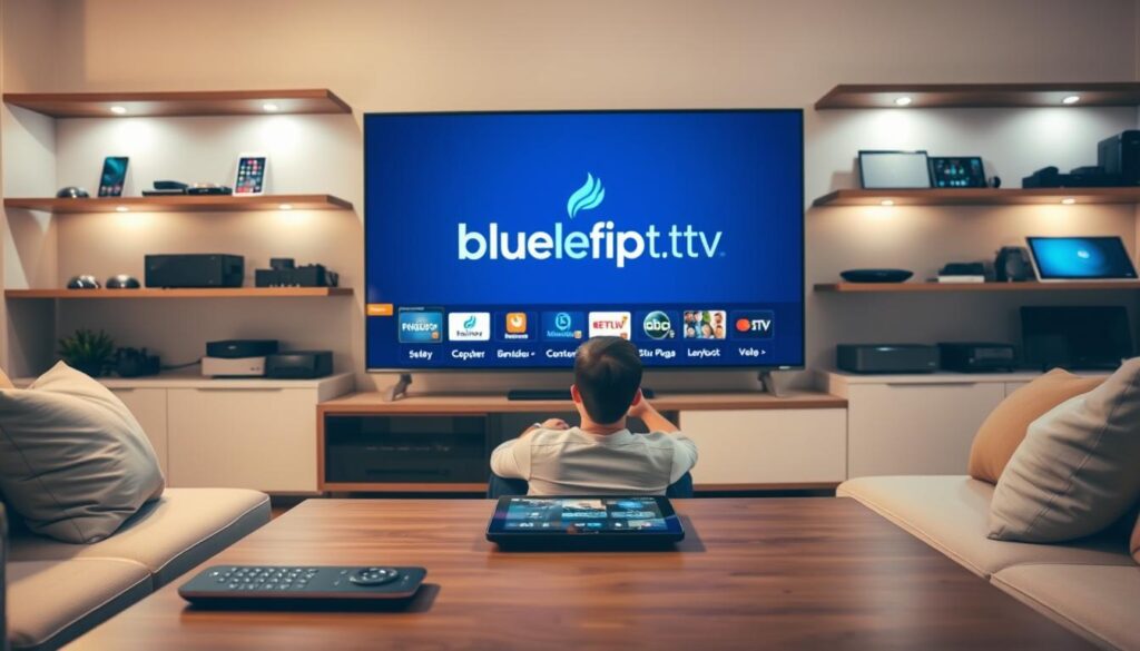 A sleek and modern living room setting featuring a smart TV prominently displaying the logo "bluefireiptv.com" on its screen, symbolizing IPTV streaming. Foreground: A stylish coffee table with a remote control and a tablet, both displaying streaming interfaces. Middle: Comfortable seating with a person dressed in smart casual clothing, intently watching the TV, exuding a cozy vibe. Background: Soft lighting in warm tones, with shelves holding various gadgets like smartphones, laptops, and streaming devices, representing device compatibility. The atmosphere should feel inviting and tech-savvy, emphasizing innovation and accessibility for all types of devices in IPTV streaming. The scene is well-composed, with a focus on clarity and the interplay of light, creating a harmonious blend of relaxation and technology.